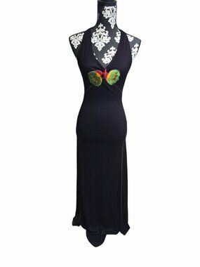 Vintage Black Halter Flapper Dress Embroidered Flower Ruffle Tie Small FLAWED